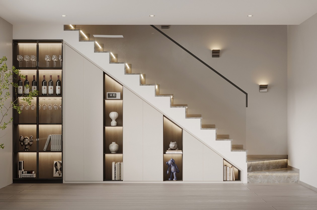 Under-stair cabinetry design rendering 1