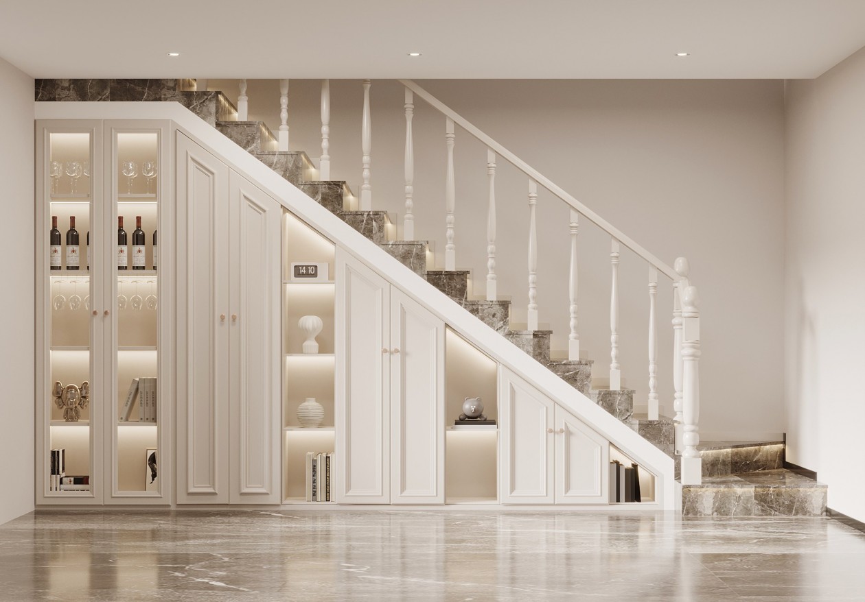 Under-stair cabinetry design rendering 3