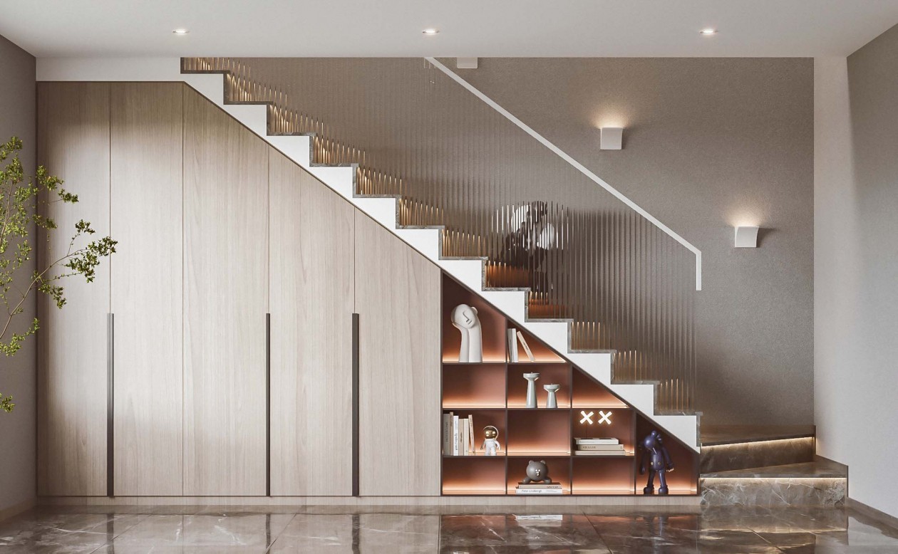 Under-stair cabinetry design rendering 4